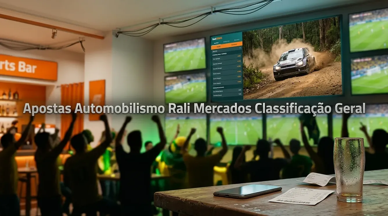 Carro de rali em ação e tela de apostas de automobilismo