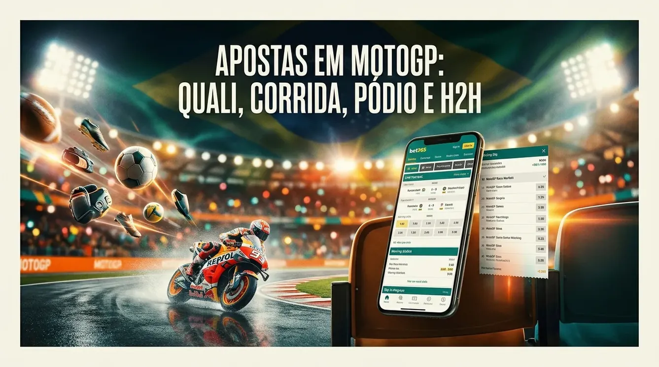 MotoGP bike on a wet track with betting slip for race markets.