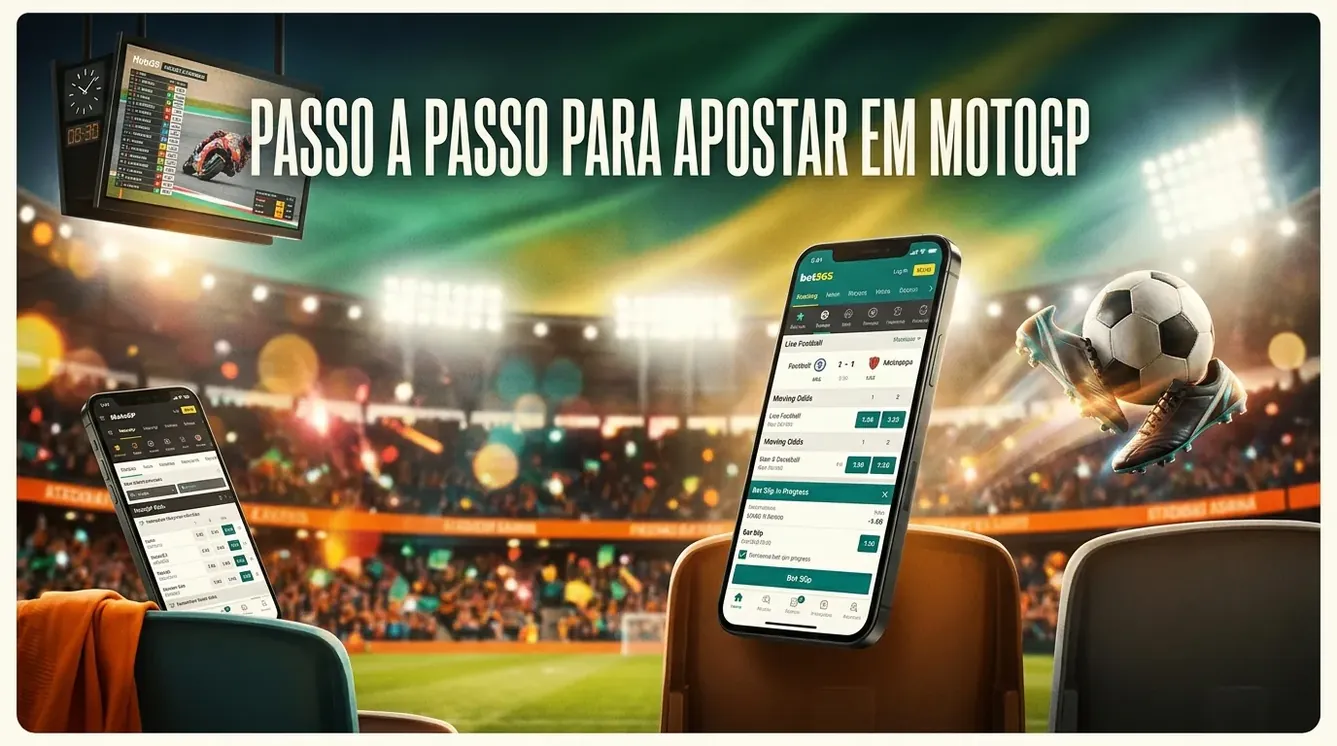 Jumbotron with MotoGP standings and phone showing betting app.